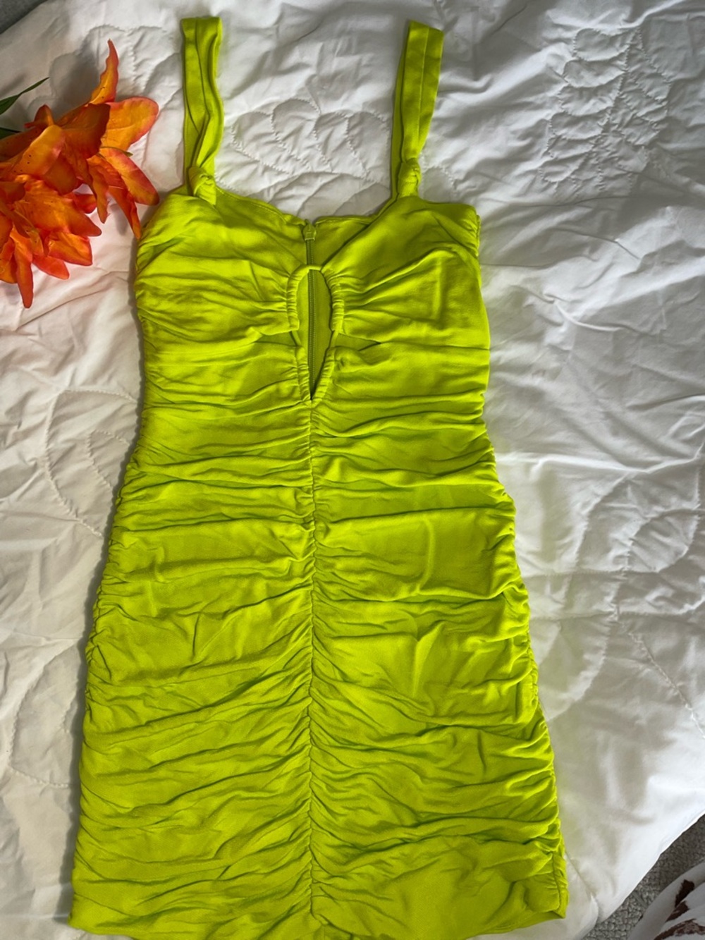 Zara Neon Lime Ruched Mini Dress - Picture 6 of 6